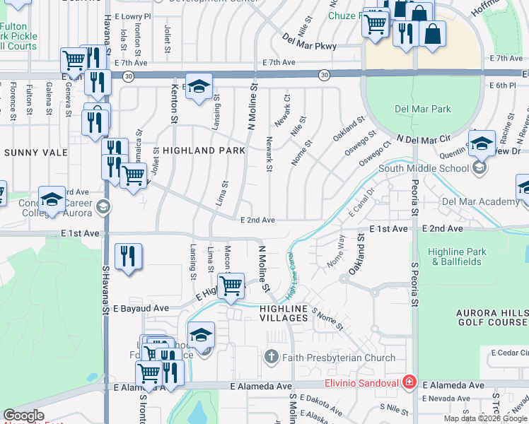 map of restaurants, bars, coffee shops, grocery stores, and more near 11612 East 2nd Avenue in Aurora