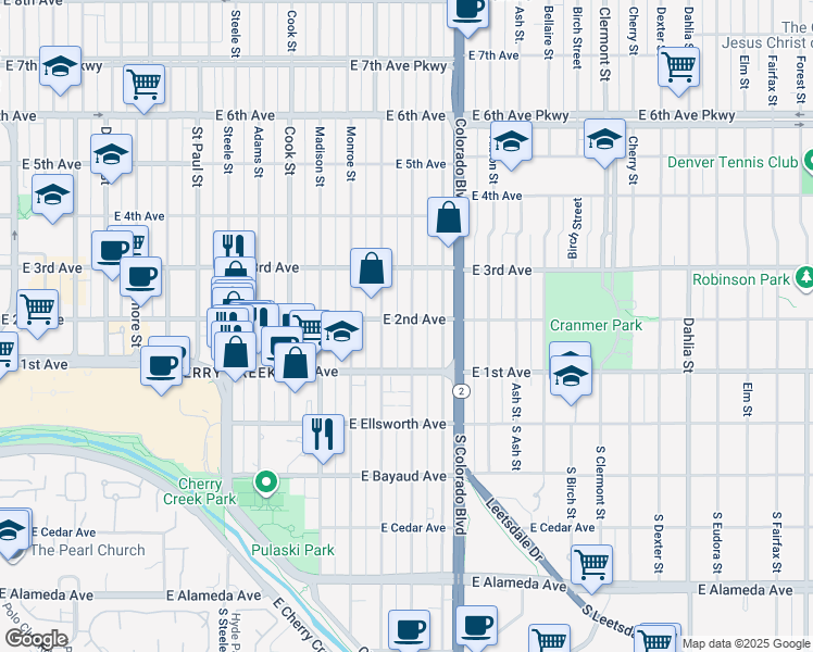 map of restaurants, bars, coffee shops, grocery stores, and more near 137 Jackson Street in Denver