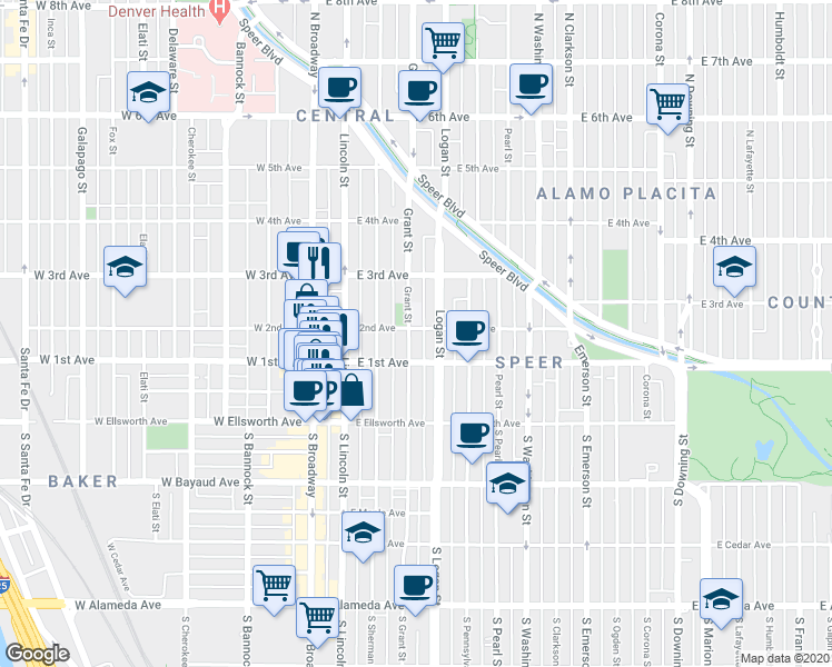 map of restaurants, bars, coffee shops, grocery stores, and more near 104 Grant Street in Denver