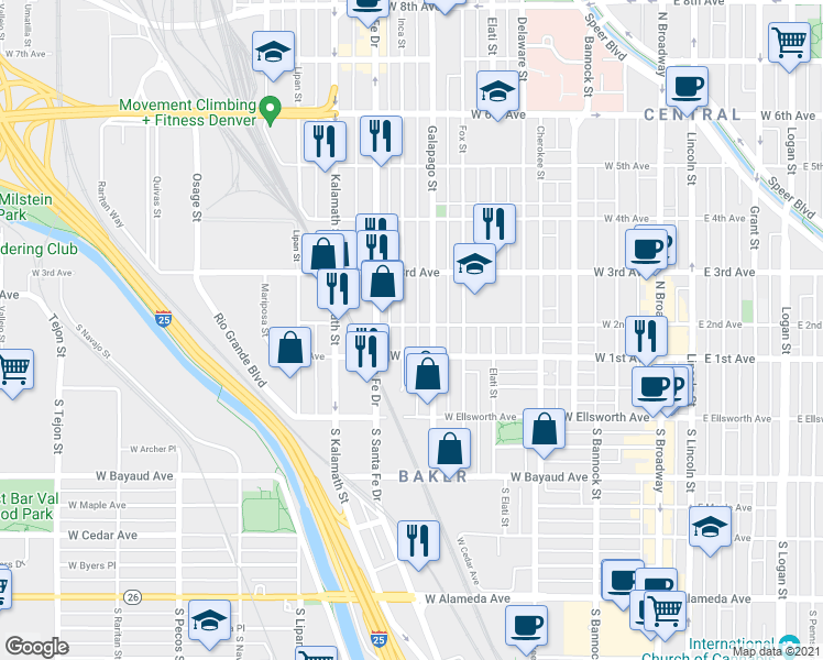 map of restaurants, bars, coffee shops, grocery stores, and more near 721 West 1st Avenue in Denver
