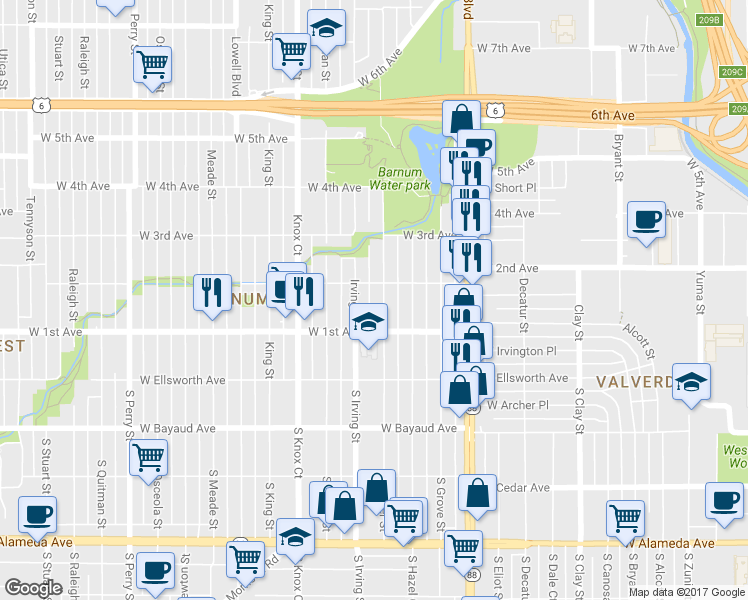 map of restaurants, bars, coffee shops, grocery stores, and more near 3153 West 1st Avenue in Denver
