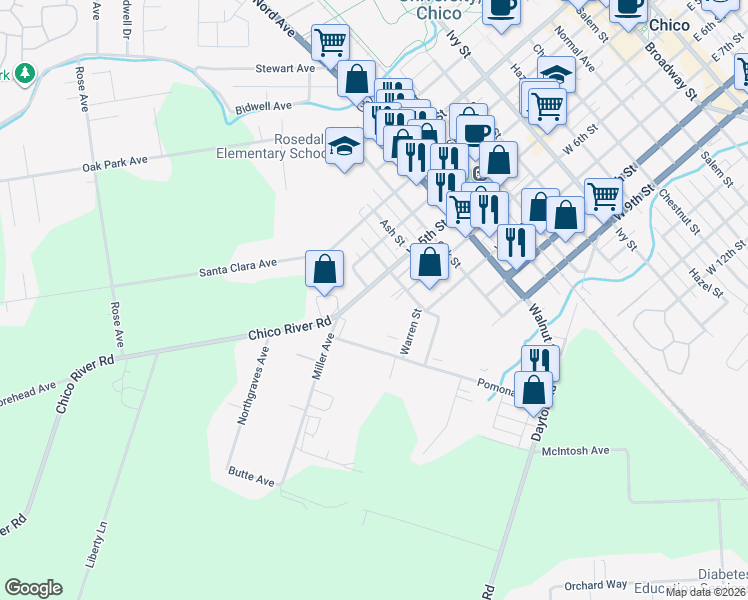 map of restaurants, bars, coffee shops, grocery stores, and more near 581 Pomona Avenue in Chico