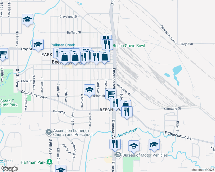 map of restaurants, bars, coffee shops, grocery stores, and more near 151 South 2nd Avenue in Beech Grove