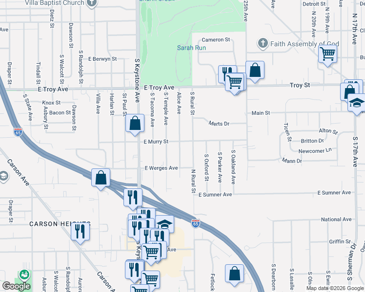 map of restaurants, bars, coffee shops, grocery stores, and more near 3332 South Rural Street in Indianapolis