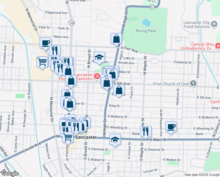 map of restaurants, bars, coffee shops, grocery stores, and more near 548 North High Street in Lancaster