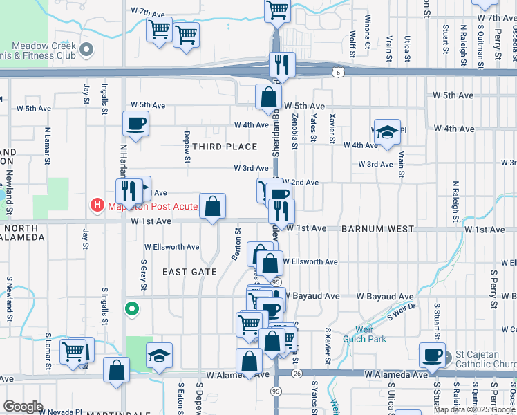 map of restaurants, bars, coffee shops, grocery stores, and more near 5275 West 1st Avenue in Lakewood