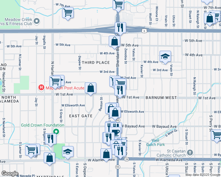 map of restaurants, bars, coffee shops, grocery stores, and more near 5275 West 1st Avenue in Lakewood