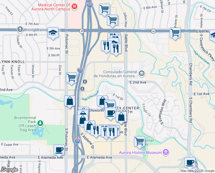 map of restaurants, bars, coffee shops, grocery stores, and more near 14353 East 1st Drive in Aurora