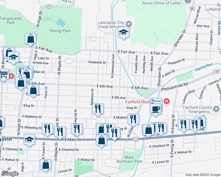 map of restaurants, bars, coffee shops, grocery stores, and more near 504 North Eastwood Avenue in Lancaster