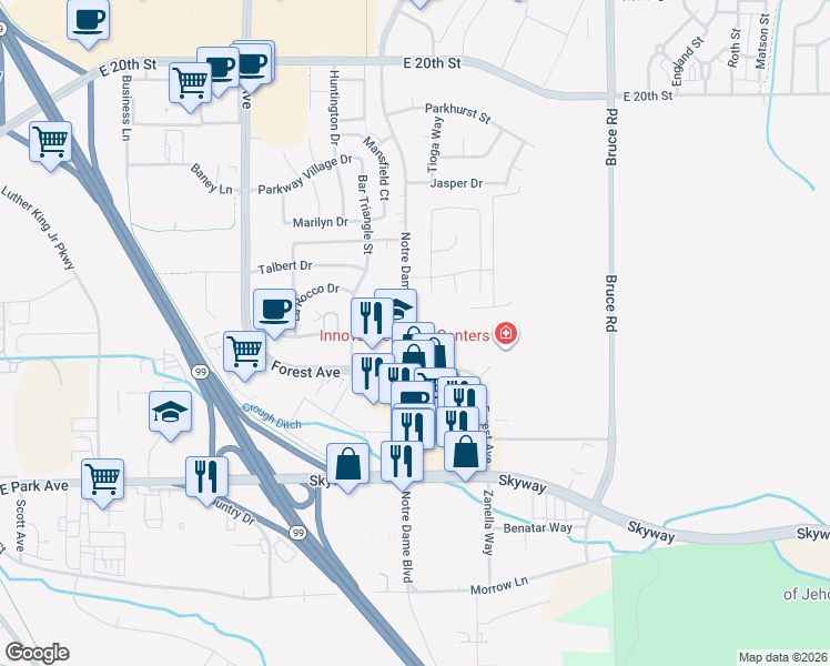 map of restaurants, bars, coffee shops, grocery stores, and more near 4 Fremont Street in Chico