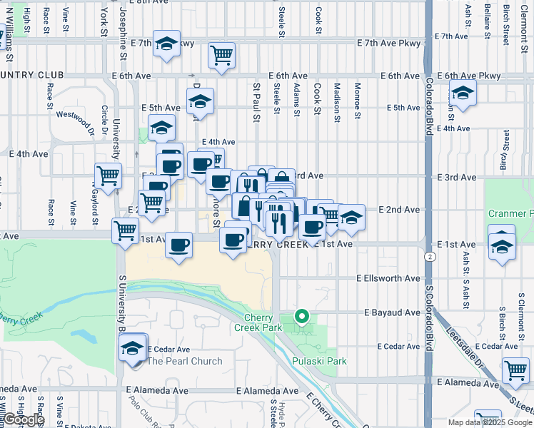 map of restaurants, bars, coffee shops, grocery stores, and more near in Denver