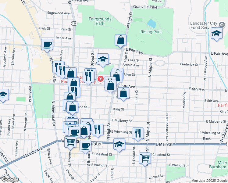 map of restaurants, bars, coffee shops, grocery stores, and more near 500 Ohio 37 in Lancaster