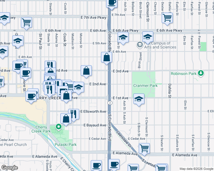 map of restaurants, bars, coffee shops, grocery stores, and more near 123 Harrison Street in Denver