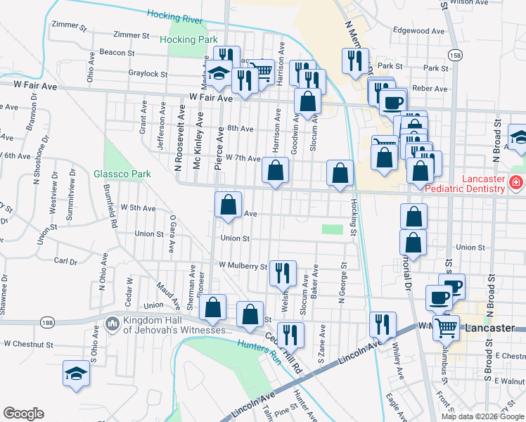 map of restaurants, bars, coffee shops, grocery stores, and more near 421 Harrison Avenue in Lancaster