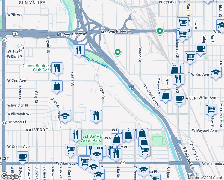 map of restaurants, bars, coffee shops, grocery stores, and more near 1271 West Bayaud Avenue in Denver