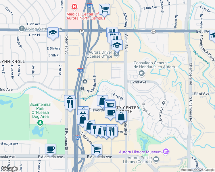map of restaurants, bars, coffee shops, grocery stores, and more near 14343 East 1st Drive in Aurora