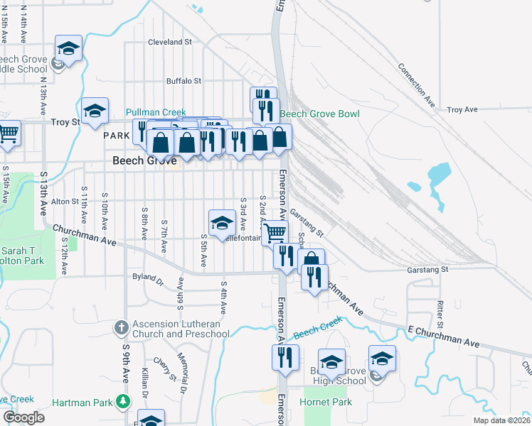 map of restaurants, bars, coffee shops, grocery stores, and more near 151 South 2nd Avenue in Beech Grove