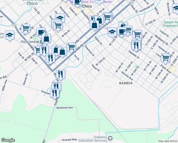 map of restaurants, bars, coffee shops, grocery stores, and more near Ivy Street & West 12th Street in Chico