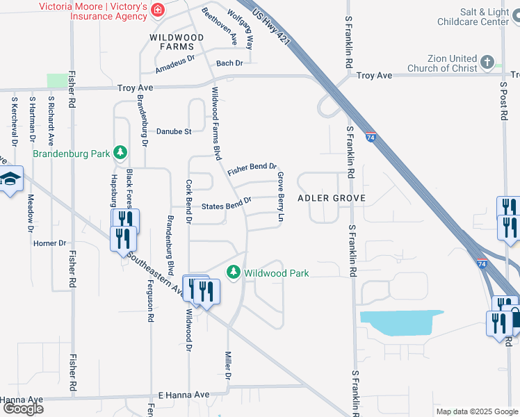 map of restaurants, bars, coffee shops, grocery stores, and more near 8106 Grove Berry Drive in Indianapolis