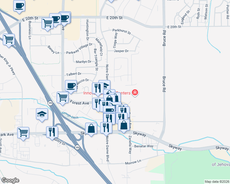 map of restaurants, bars, coffee shops, grocery stores, and more near 1-99 Fremont Street in Chico