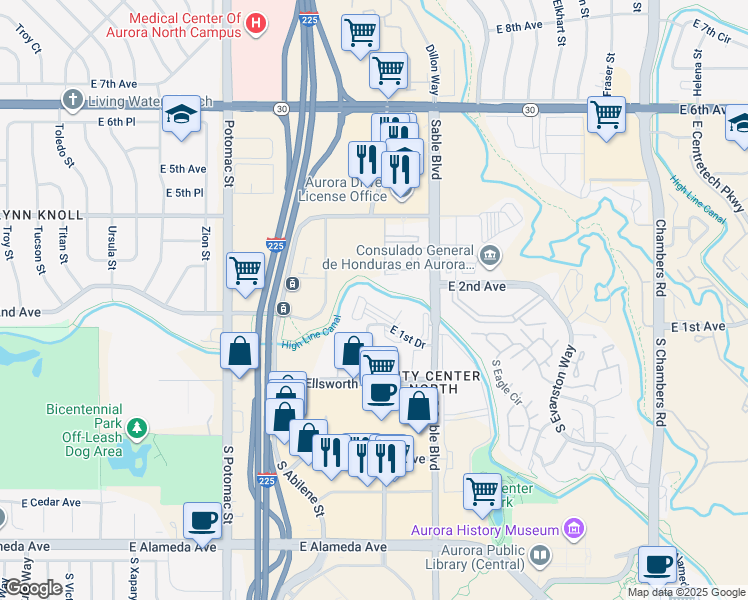 map of restaurants, bars, coffee shops, grocery stores, and more near 14343 East 1st Drive in Aurora
