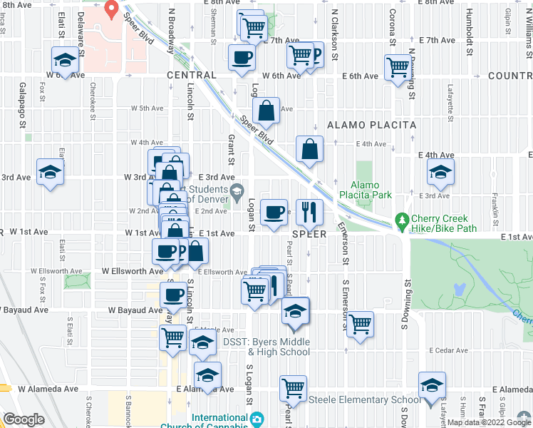 map of restaurants, bars, coffee shops, grocery stores, and more near 155 Pennsylvania Street in Denver
