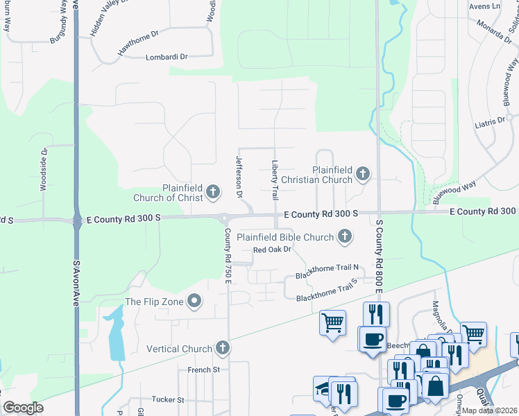 map of restaurants, bars, coffee shops, grocery stores, and more near 7609 Apothecary Court in Plainfield