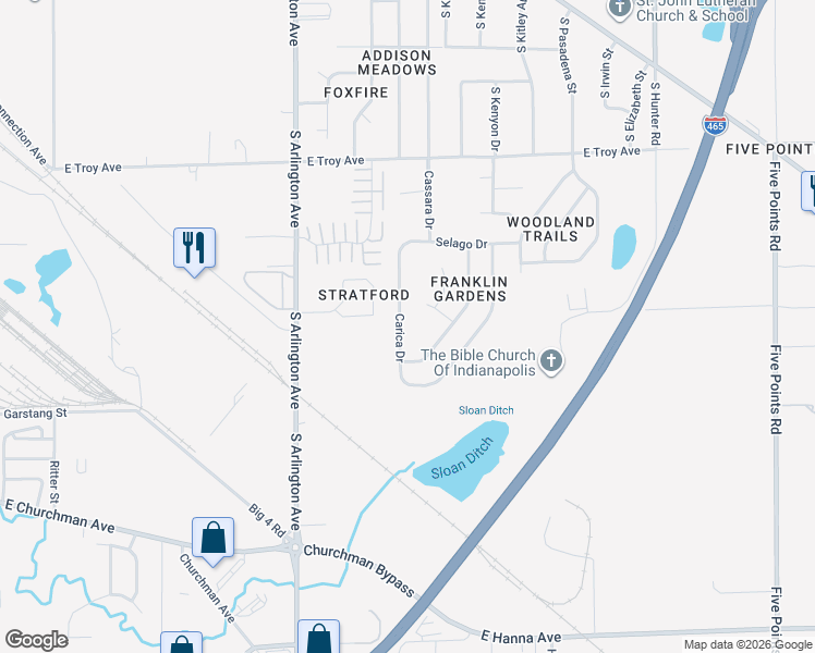 map of restaurants, bars, coffee shops, grocery stores, and more near 3335 Carica Drive in Indianapolis