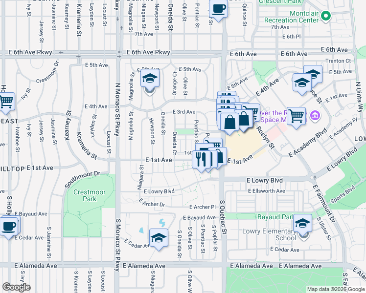 map of restaurants, bars, coffee shops, grocery stores, and more near 6984 East 2nd Avenue in Denver