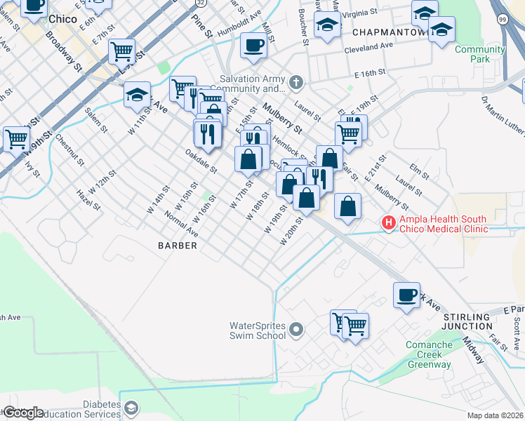 map of restaurants, bars, coffee shops, grocery stores, and more near 131 West 18th Street in Chico
