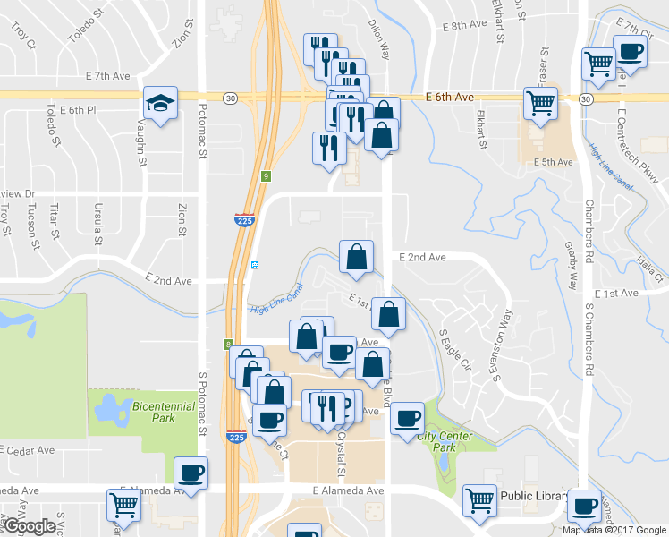 map of restaurants, bars, coffee shops, grocery stores, and more near 14343 East 1st Drive in Aurora