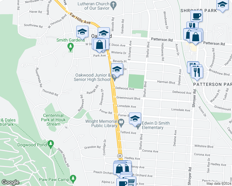map of restaurants, bars, coffee shops, grocery stores, and more near 1318 Far Hills Avenue in Dayton