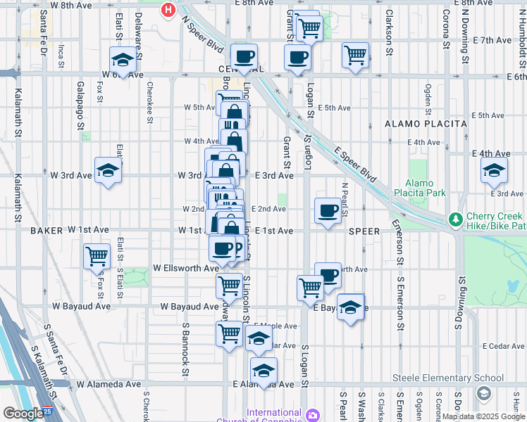 map of restaurants, bars, coffee shops, grocery stores, and more near 175 Sherman Street in Denver