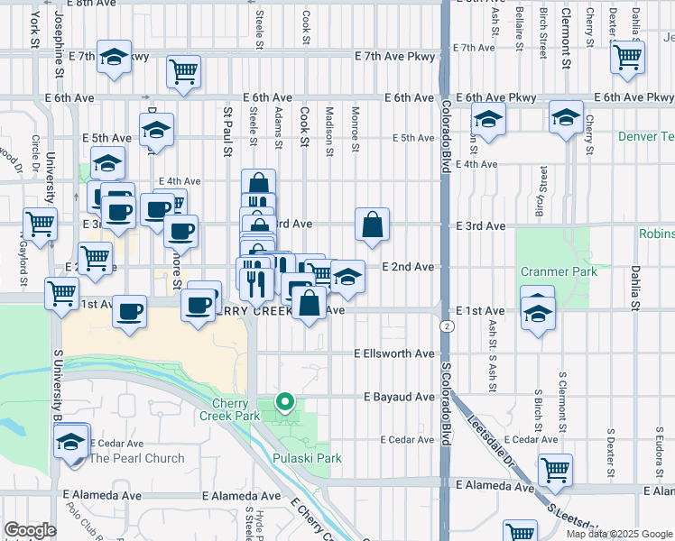 map of restaurants, bars, coffee shops, grocery stores, and more near 180 Madison Street in Denver