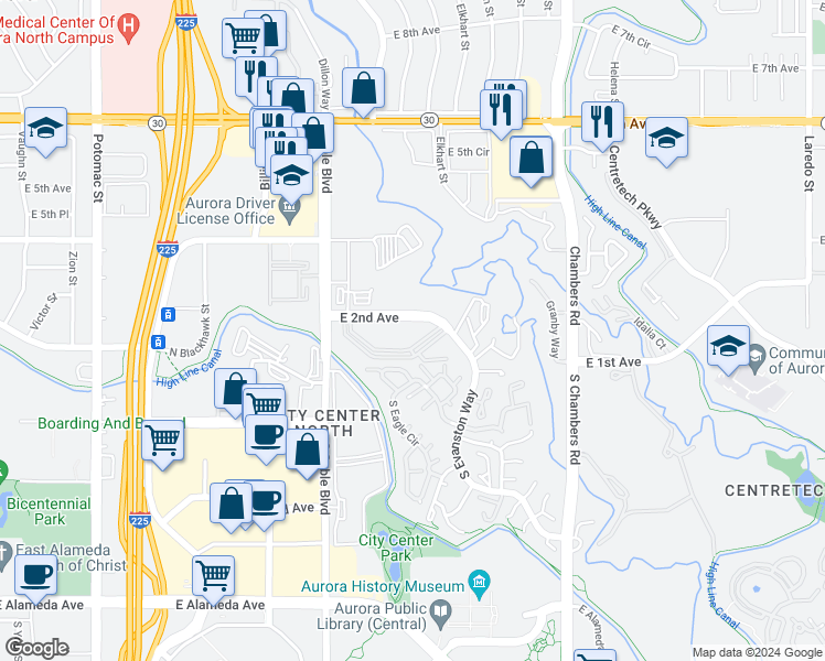 map of restaurants, bars, coffee shops, grocery stores, and more near 14805 East 2nd Avenue in Aurora