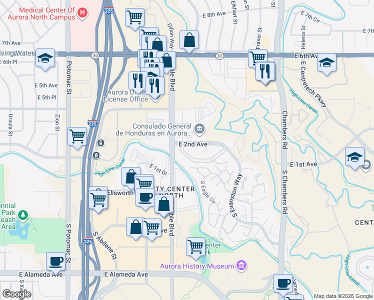 map of restaurants, bars, coffee shops, grocery stores, and more near 201 South Dearborn Circle in Aurora
