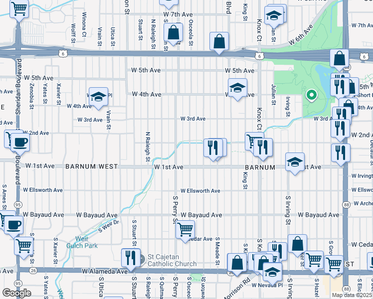map of restaurants, bars, coffee shops, grocery stores, and more near 201 Osceola Street in Denver