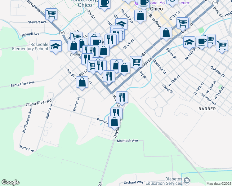 map of restaurants, bars, coffee shops, grocery stores, and more near 832 Cedar Street in Chico