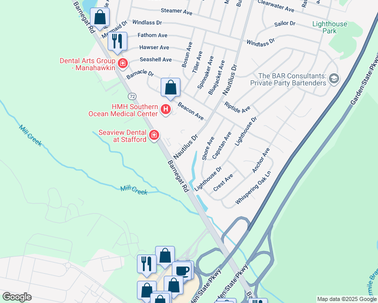map of restaurants, bars, coffee shops, grocery stores, and more near 81 Nautilus Drive in Stafford Township