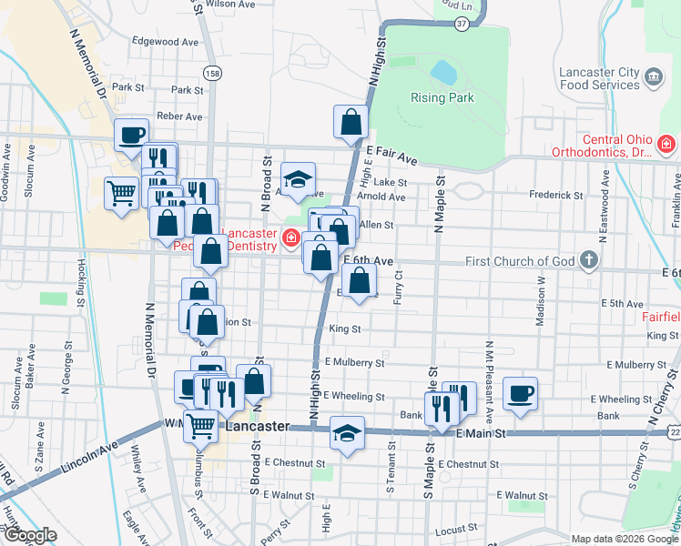 map of restaurants, bars, coffee shops, grocery stores, and more near 223 East 6th Avenue in Lancaster