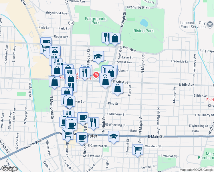 map of restaurants, bars, coffee shops, grocery stores, and more near 167 East 6th Avenue in Lancaster