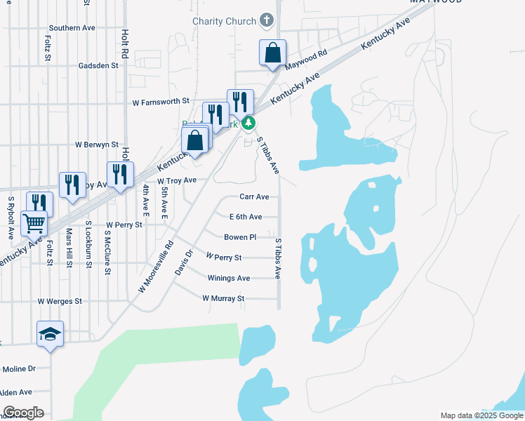 map of restaurants, bars, coffee shops, grocery stores, and more near 3426 Carr Avenue in Indianapolis