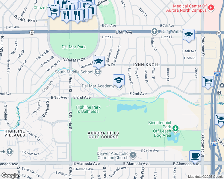 map of restaurants, bars, coffee shops, grocery stores, and more near 12445 East 2nd Avenue in Aurora