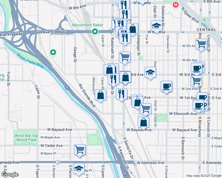 map of restaurants, bars, coffee shops, grocery stores, and more near 204 Kalamath Street in Denver