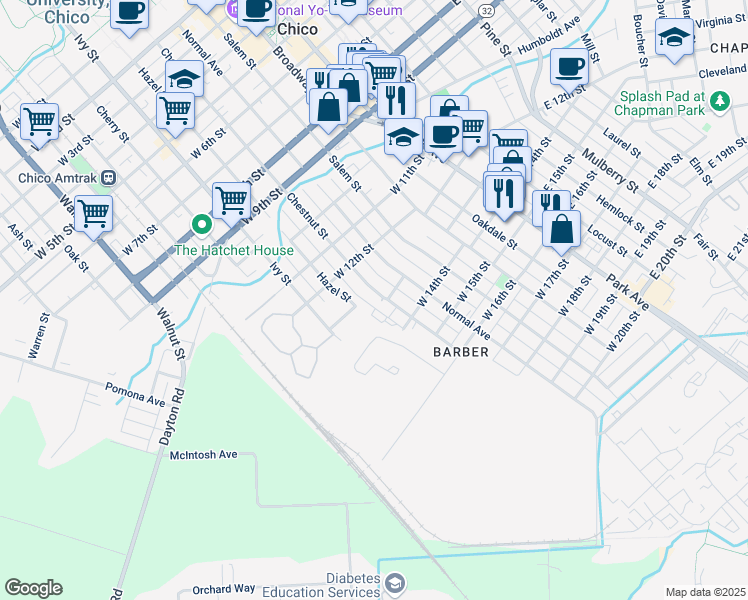 map of restaurants, bars, coffee shops, grocery stores, and more near 1240 Chestnut Street in Chico