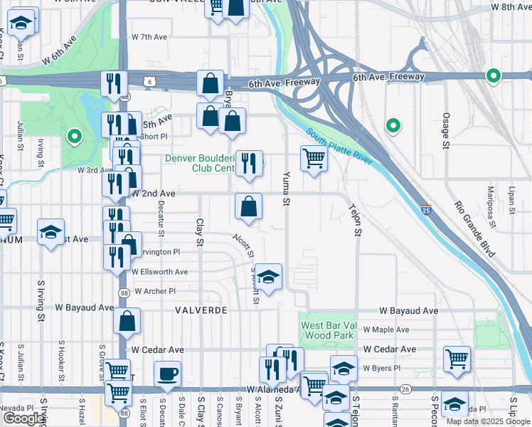 map of restaurants, bars, coffee shops, grocery stores, and more near 2474 West 2nd Avenue in Denver