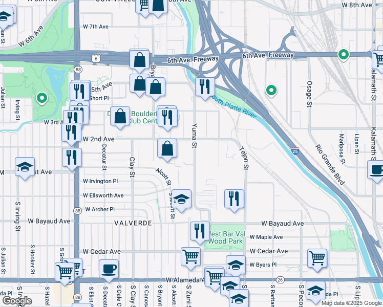 map of restaurants, bars, coffee shops, grocery stores, and more near in Denver