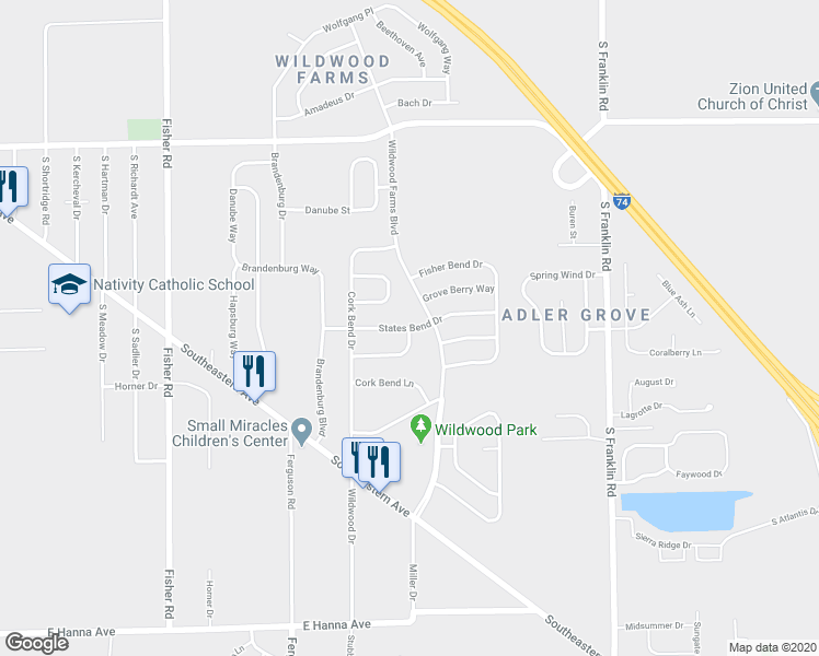 map of restaurants, bars, coffee shops, grocery stores, and more near 7958 States Bend Drive in Indianapolis