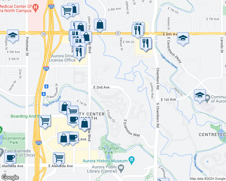 map of restaurants, bars, coffee shops, grocery stores, and more near 14805 East 2nd Avenue in Aurora