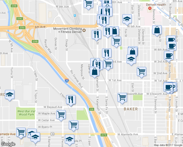 map of restaurants, bars, coffee shops, grocery stores, and more near 148 Lipan Street in Denver
